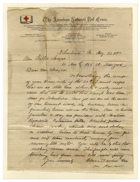 Clara Barton Autograph Letter Signed From Johnstown During the Johnstown Flood of 1889, the Event That Tested the Mettle of the American Red Cross -- ''...we are in the midst of our heaviest work...''
